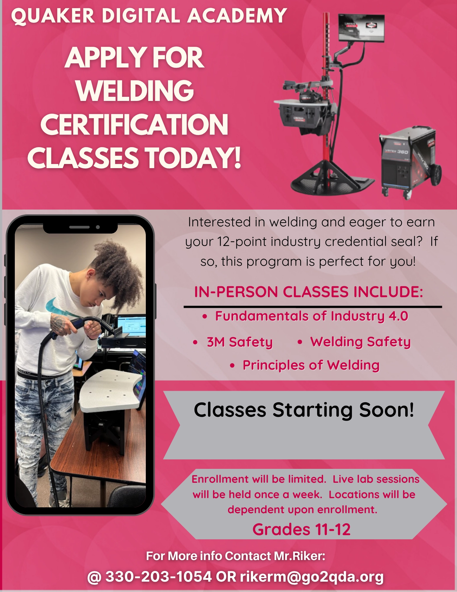 Student participating in welding certification training at Quaker Digital Academy